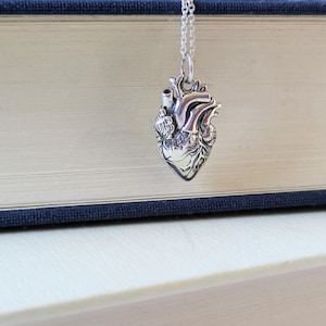 Anatomische hartboekketting, Sylvia Plath zilveren bedelketting, leesgrage cadeau voor lezers, alledaagse gothic-ketting, macabere sieraden