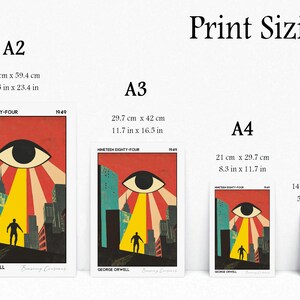 May include: Print sizing guide featuring four art prints of varying sizes. Each print displays a stylized eye over a cityscape with the text "NINETEEN EIGHTY-FOUR" and "GEORGE ORWELL". Sizes range from 5.8 x 8.3 inches to 16.5 x 23.4 inches.