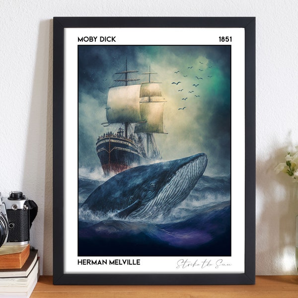 Moby Dick Buch Poster, Dark Academia Bücherwurm Dekor Literarische Geschenke für Seehaus Wandkunst, Bücherwurm Drucke für Bibliothek oder Studentenwohnheim Dekor