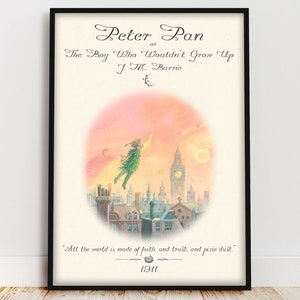 Póster del libro Peter Pan, decoración de pared para habitación infantil en rosa ruborizado Fairycore, arte mural con cita de J. M. Barrie, rincón de lectura infantil, regalo para amantes de la lectura.