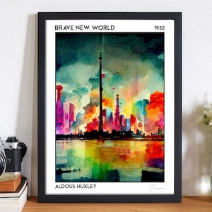 Brave New World Buch Poster, Dark Academia Surreal Druck, Klassische Literatur Bücherwurm Geschenke für Buchliebhaber, Psychedelisches Dystopia Poster