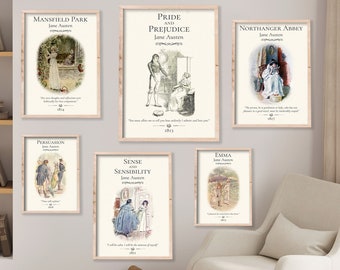 Jane Austen Full Collection Poster Pack, Light Academia Bookish Decor Bundle, Romance Reader Book Cover Art for Perfect for a Reading Nook