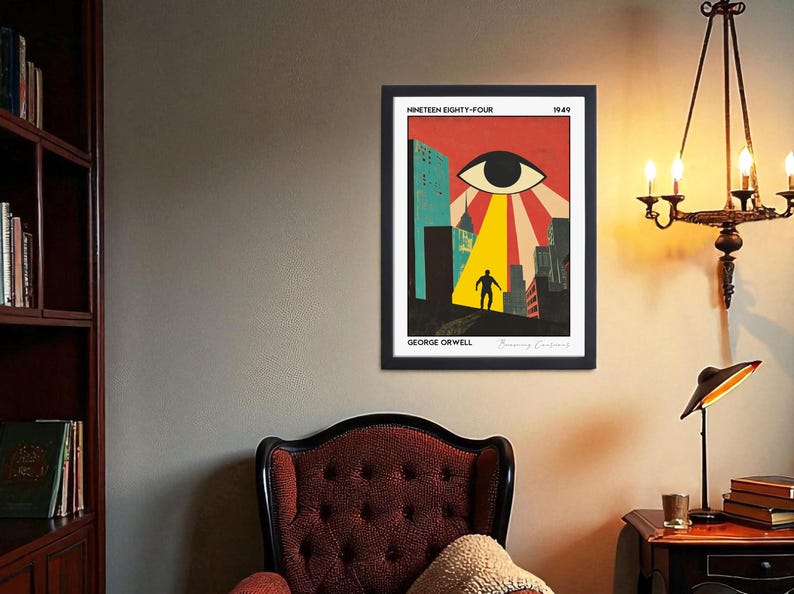 May include: Framed art print featuring a stylized illustration from George Orwell's "Nineteen Eighty-Four." The artwork depicts a large eye, a figure, and city buildings in a retro style, with a red, yellow, and blue color scheme.