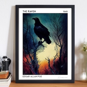 Der Rabe Edgar Allan Poe Art Poem Print, Dark Academia Dekor Buch Poster, Gothic Wandkunst Bücherwurm Geschenke