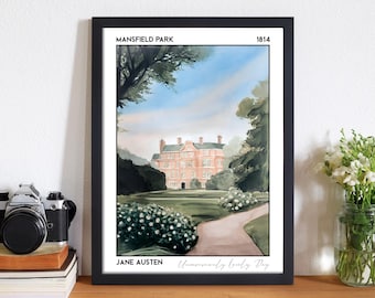 May include: A framed art print featuring a painting of a large manor house surrounded by trees and a garden path. The text at the top reads MANSFIELD PARK 1814, and the bottom text reads JANE AUSTEN Uncommonly Lovely Day in black script.