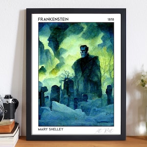 Póster del libro Frankenstein, portada de libro con decoración gótica pastel, literatura clásica, academia oscura, regalo literario para amantes de los libros para el rincón de lectura