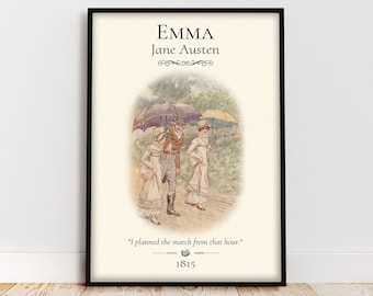 Póster del libro Emma, regalos literarios de Jane Austen para lectores, arte mural con cita de libros de estilo cottagecore para leer literatura clásica, decorar bibliotecas y rincones de lectura.