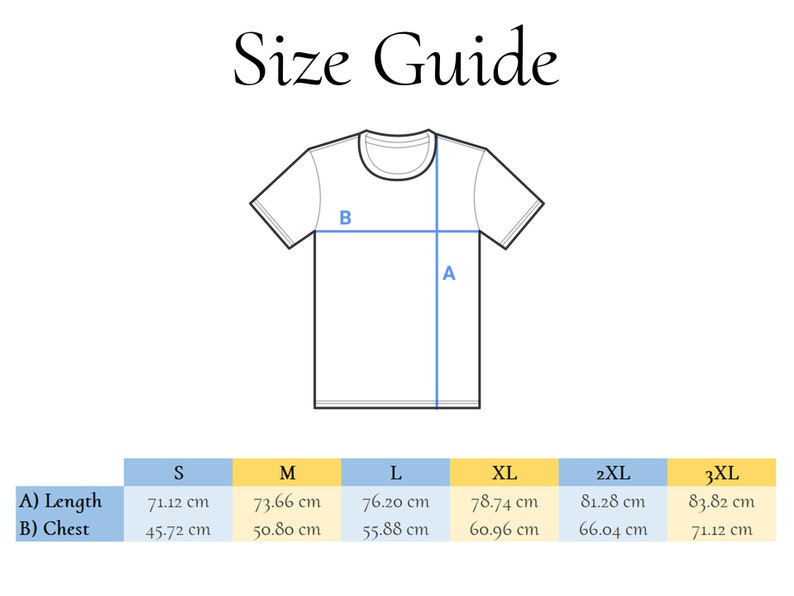 Puede incluir: Una gu&iacute;a de tallas para una camiseta, con medidas en cent&iacute;metros. La gu&iacute;a muestra las medidas de largo y pecho para las tallas S, M, L, XL, 2XL y 3XL. El texto "Size Guide" est&aacute; en la parte superior.