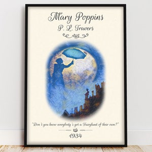 Póster del libro Mary Poppins, cita del libro de P. L. Travers, arte de pared para decoración infantil, decoración de habitación Fairycore, regalo literario para amantes de los libros.