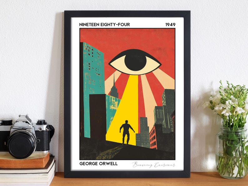 May include: Framed art print featuring a retro-style illustration with the text "NINETEEN EIGHTY-FOUR 1949" and "GEORGE ORWELL". The artwork depicts a cityscape with a large eye and a figure in silhouette, set against a red and yellow sky.