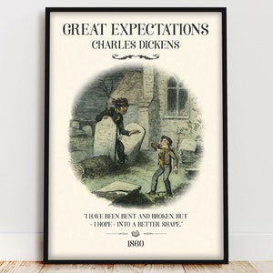Große Erwartungen Buch Poster, Dark Academia Victorian Goth Dekor für Leseecke, Dickens Buch Zitat Wandkunst Buchliebhaber Geschenk für Leser
