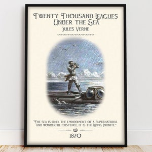 Póster del libro "Veinte mil leguas de viaje submarino", cita de "La aventura te espera", arte de pared, regalo literario, decoración inspirada en el océano para un rincón de lectura.
