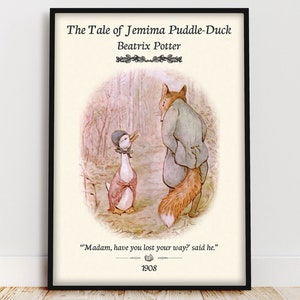 Póster del libro "El cuento de Jemima Puddle-Duck", arte mural con cita de Beatrix Potter, decoración infantil estilo cottagecore para rincón de lectura.