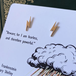 Bronzen bliksemschichtboekoorbellen, kleine Frankenstein-goth-oorbellen, boekenliefhebber cadeaus voor lezers, berichtenkaartsieraden