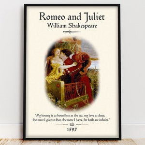Plakat książki Romeo i Julia, cytat z książki Szekspira, dekoracja ścienna do romantycznej klasycznej literatury, półka na książki, prezent dla miłośnika książek