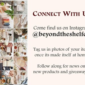 May include: A collage of images featuring books, candles, and other home decor items. The text "CONNECT WITH US" is displayed in a bold, dark red font. The text "Come find us on Instagram @beyondtheshelfco" is displayed in a black font. The text "Tag us in photos of your item once it's made itself at home" is displayed in a black font. The text "Follow along for news on new products and giveaways!" is displayed in a black font.