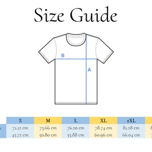 May include: Size guide for a t-shirt with measurements in centimeters for length (A) and chest (B) for sizes S, M, L, XL, 2XL, and 3XL.