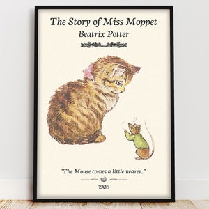 Die Geschichte von Miss Moppet Buch Poster, Beatrix Potter Buch Zitat Wandkunst, Kinderbuch Leseecke Kinderzimmer Bibliothek Dekor, Bücherwurm Geschenk