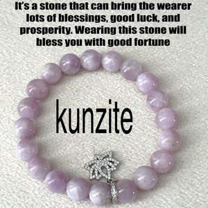 Kunzite 10MM Beaded Bracelet Hand Made (3 different styles) black Lotus silver Lotus or butterfly Ships from USA
