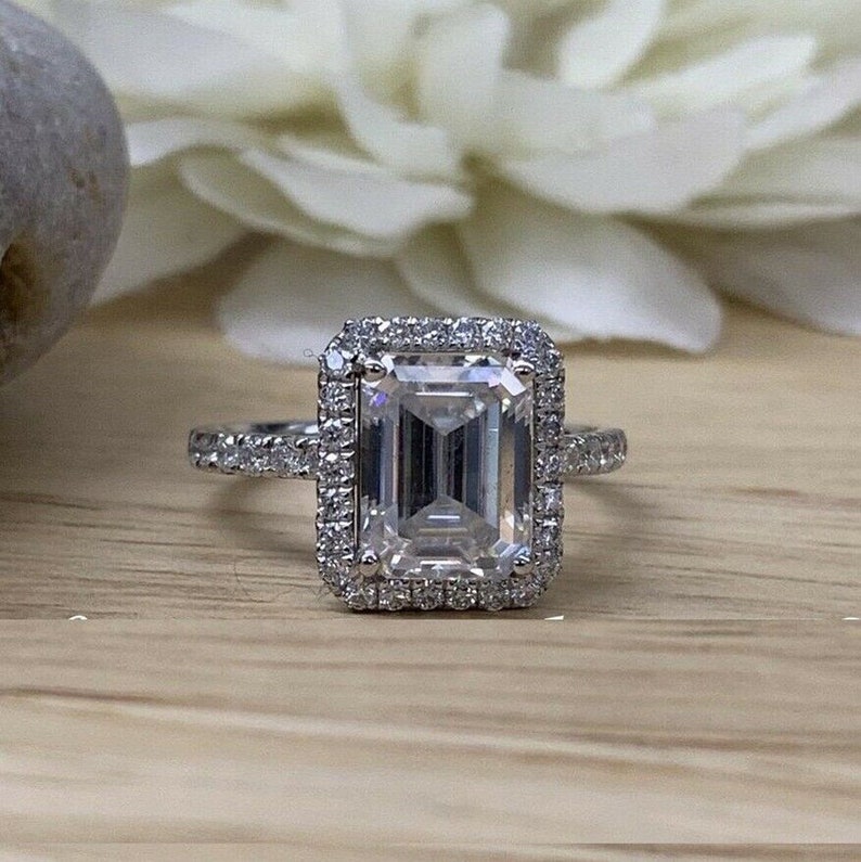 Emerald Cut Solitaire With Accent RingHalo Unique Engagement RingWedding Bridal RingGift For Her2.50CT Diamond925 Silver14K White Gold