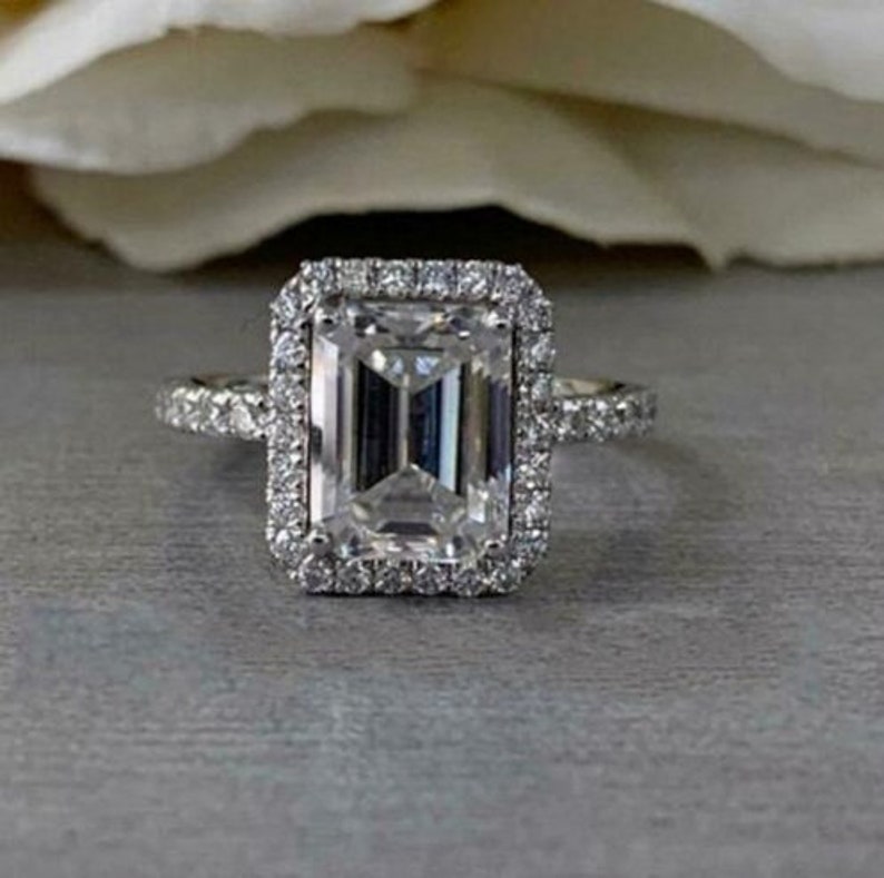 Emerald Cut Solitaire With Accent RingHalo Unique Engagement RingWedding Bridal RingGift For Her2.50CT Diamond925 Silver14K White Gold