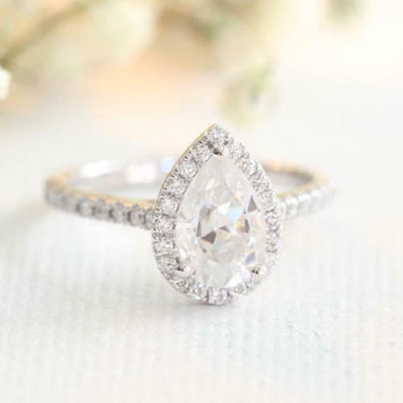 Pear Cut Solitaire With Accent RingHalo Unique Engagement RingWedding Bridal RingsGift For Her2.50 CT Diamond925 Silver14K White Gold