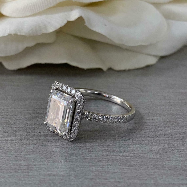Emerald Cut Solitaire With Accent RingHalo Unique Engagement RingWedding Bridal RingGift For Her2.50CT Diamond925 Silver14K White Gold