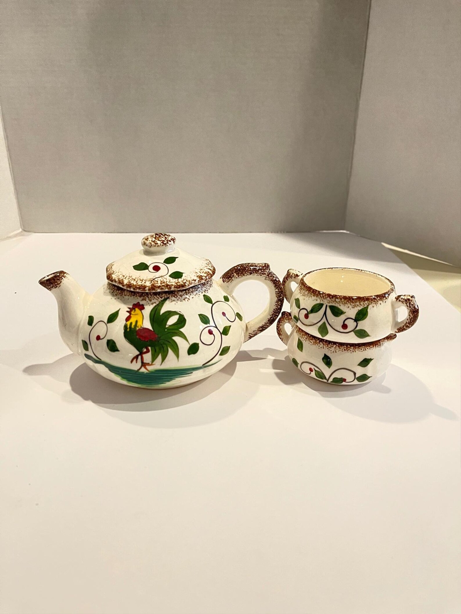 Vintage Rooster Tea Set Napco Sponged Teapot Creamer Sugar Etsy