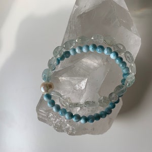 Larimar and Aquamarine Double Stranded Stretchy Bracelet with Freshwater Pearl Spacer