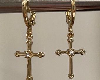 Gold Dainty Cross Earrings, Huggie Cross Earrings, Dangling Cross Earrings, Gold Cross, Gift for Her, Dainty Cross Earrings, gift