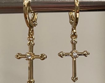 Gold Plated Dainty Cross Huggie Earrings
