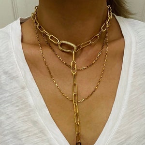 Chunky Paperclip Lariat Halskette: Gold Gliederkette mit Pave Verschluss