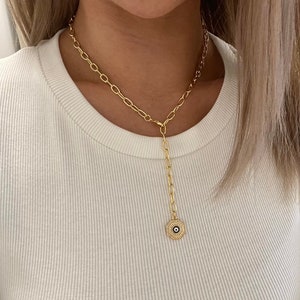 Multi-way Paperclip Lariat Necklace, Evil Eye Necklace, Evil Eye Coin Pendant, Gold Lariat, Chunky Necklace, Protection Necklace