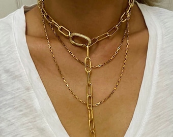 Chunky Paperclip Lariat Necklace, Statement Lariat, Link Chain Necklace, Gold Lariat, gold filled y necklace, large clasp lariat