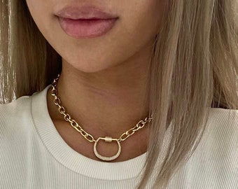 Gold Jumbo Chunky  Link Chain Choker Statement Necklace, Large CZ Carabiner Clasp, Thick Chain Layering Necklace, Chunky Gold Chain Choker