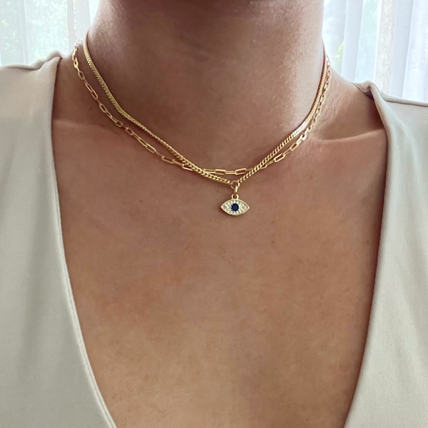 Dainty Sapphire Evil Eye Necklace: 18k Gold Plated Protection Pendant