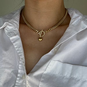 Chunky Cuban Chain Necklace, Heart Pendant, Toggle Choker, Statement Necklace, Gold Necklace, Tarnish Free, Gold Heart, Puffy heart