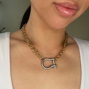 Double Chain Necklace, Carabiner Chain, Mixed Metal Necklace, Large Clasp, Two Tone Necklace, Gold Chunky Necklace, Statement Necklace