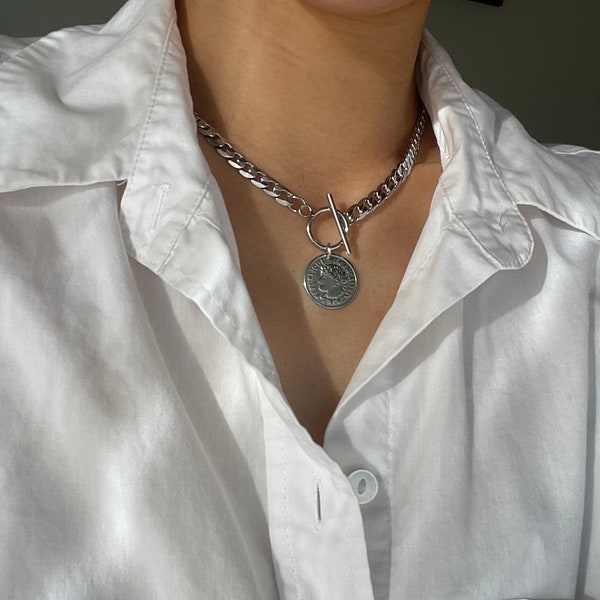 Chunky Cuban Chain Necklace, Coin Medallion, Silver Choker, Statement, Medallion Necklace, Silver Toggle Front Choker, Silver Coin, gift