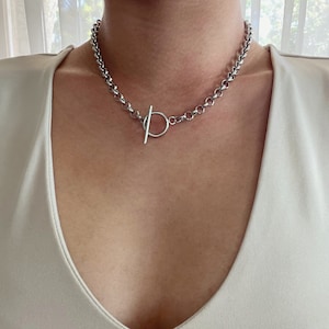 Silver Necklace, Thick Chain Necklace, Toggle Necklace, Cuban Chain, Link Chain Toggle Clasp Necklace, Chunky Necklace, Statement Choker
