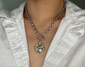 Silver Greek Coin Pendant Necklace: Toggle Choker