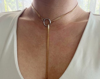 Cuban Link Lariat, Round Pendant Lariat, Statement Necklace, Open Circle Lariat, Toggle Front Necklace, Gold Lariat Necklace, Curb Chain