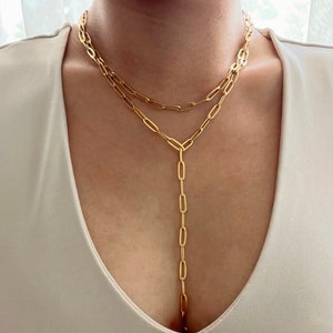 Double or Single Chain Lariat, Paperclip Lariat, Statement Necklace, Layering Necklace, Gold Lariat, Paperclip Chain, Tarnish Free, gift