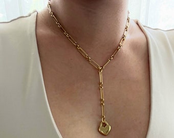 Gold lariat necklace, gold y necklace, gold heart necklace, heart charm, paperclip lariat, paperclip chain, chunky heart necklace