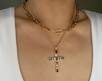 Gold multicolor cross necklace, cross necklace, Large cross necklace, religious cross, gemstone cross necklace, statement necklace, gift,