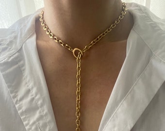 Collar lariat, collar colgante de círculo abierto, collar y, collar de capas de oro, collar de cadena lariat, lariat grueso, regalo para ella