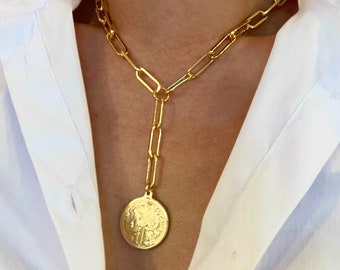 Grossa catena di graffette, medaglione di monete, collana a strati, collana di medaglioni, Y Lariat, ciondolo di monete francesi, moneta d'oro Lariat, regalo