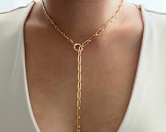 Gold Paperclip Chain Lariat Necklace: Toggle Y Necklace