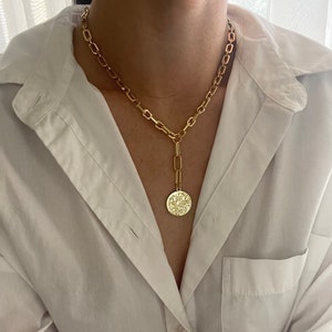 Chunky Paperclip Necklace, Coin Medallion, Medallion Necklace, Y Lariat, French Coin Pendant, Lariat Necklace, Gold Coin Lariat, gift