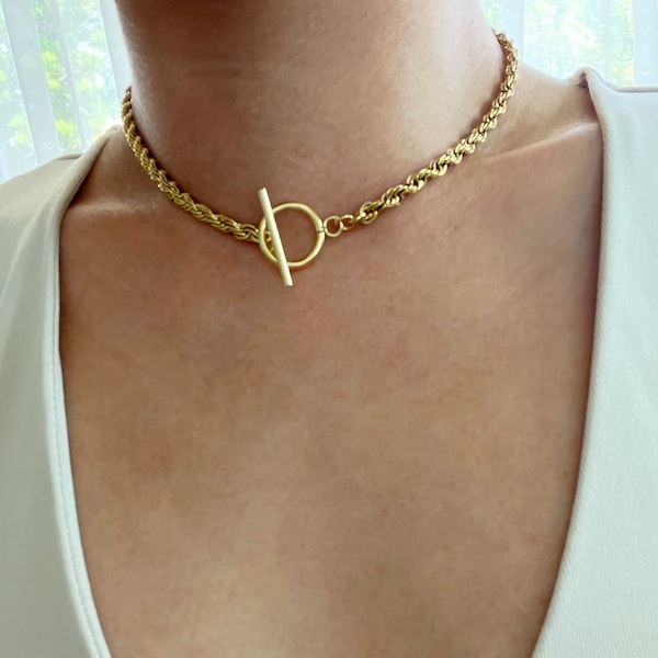 Toggle Gold Rope Chain Necklace, Rope Chain, Toggle Front Necklace, Chain Choker, Gold Choker, Toggle Choker, Gold Twisted Rope Chain Choker